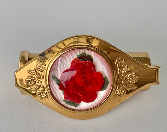 Jewel Crest Lip mirror with adjustable lipstick holder and red lucite rose, vintage mid century vanity