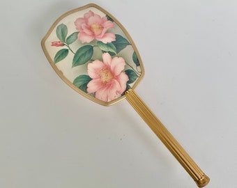 Vintage hairbrush with pink flowers, mid century ladies brush
