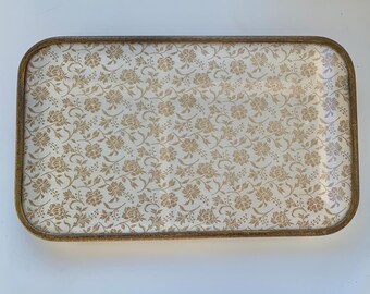 Lissco dressing table tray, mid century vintage vanity with gold lamé flowers