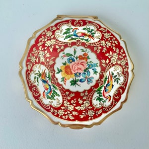 Stratton Queen convertible powder compact, with flowers, pink rose and birds, c1970s or 1980s