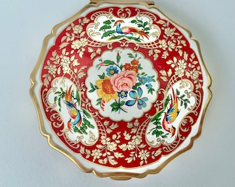 Stratton Queen convertible powder compact, with flowers, pink rose and birds, c1970s or 1980s