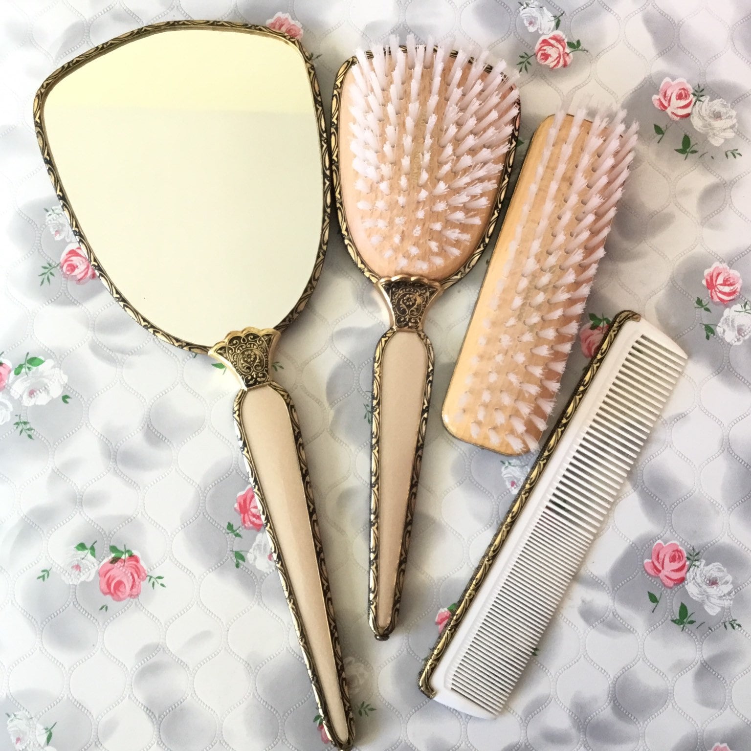Vintage vanity set embroidered mirror, hairbrush, clothes brush, and ...