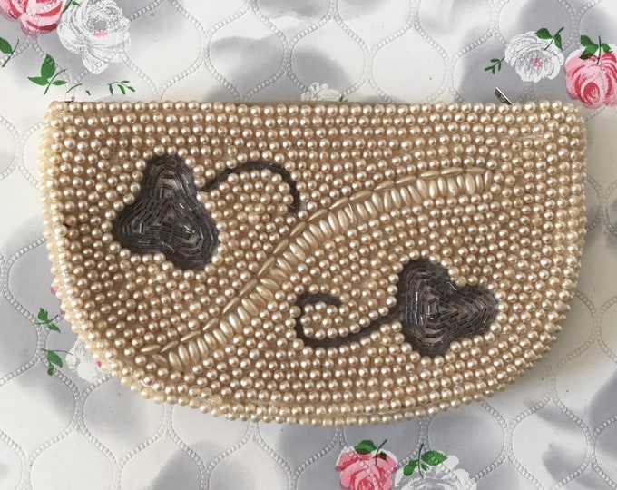 Miss Universe vintage evening bag with faux cream pearls beads, 1950s or 1960s beaded wedding purse,