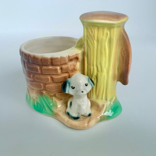 Hornsea pottery planter with puppy dog and wishing well, 1950s 1960s collectible vintage posy vase