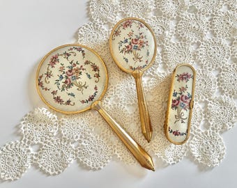 Vintage Ladies hand mirror and hairbrush, floral and gold tone brush set