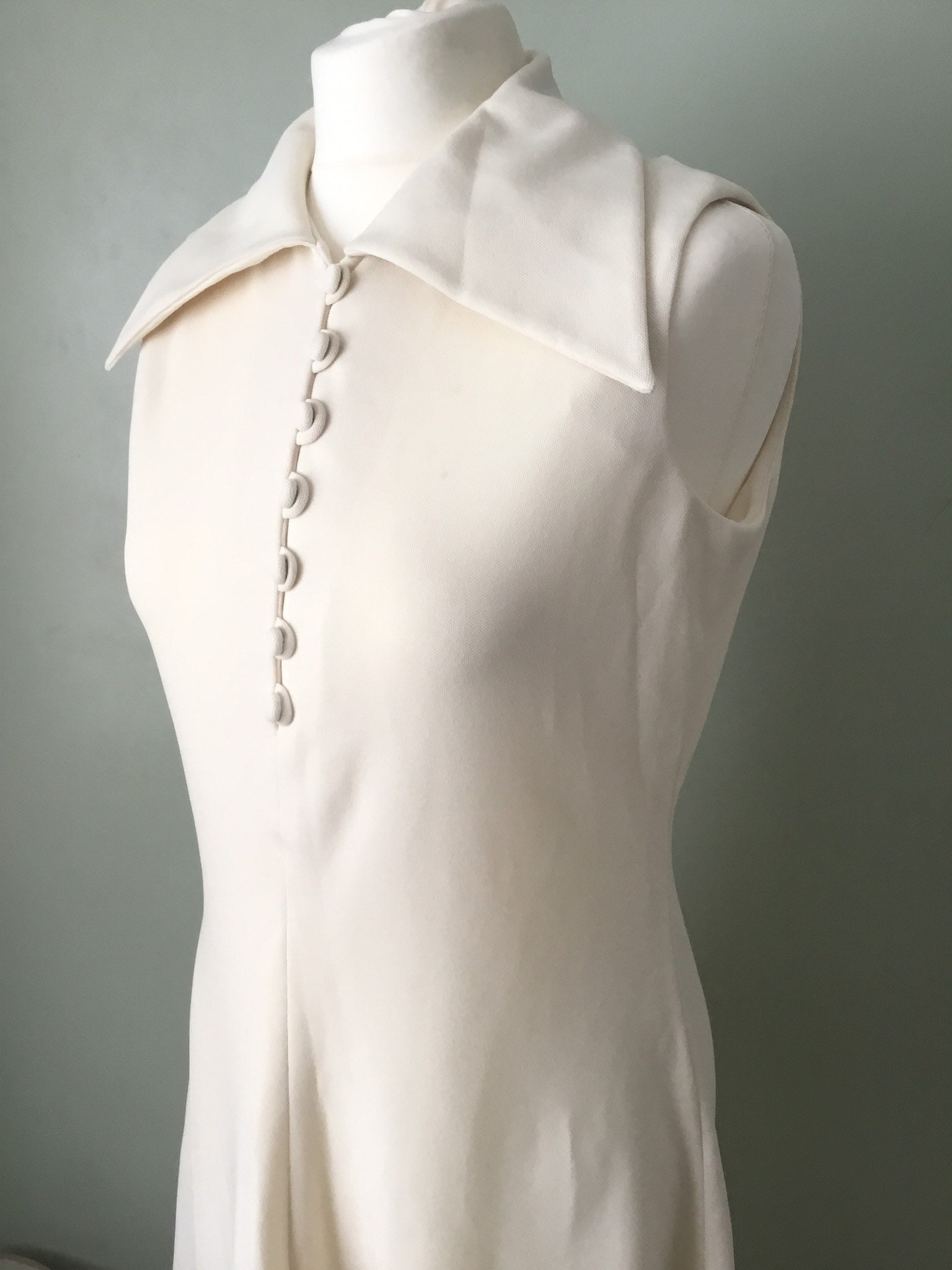 1970s maxi dress, Cream or off-white polyester with dagger collars, UK ...