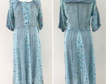 Blue floral maxi dress UK size 12, c 1950s vintage button front summer dress, with sailor cape collar, mid-century tea dress