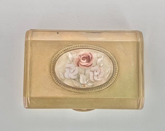 Melissa reverse carved lucite powder compact with pink roses, c 1950s vintage makeup mirror