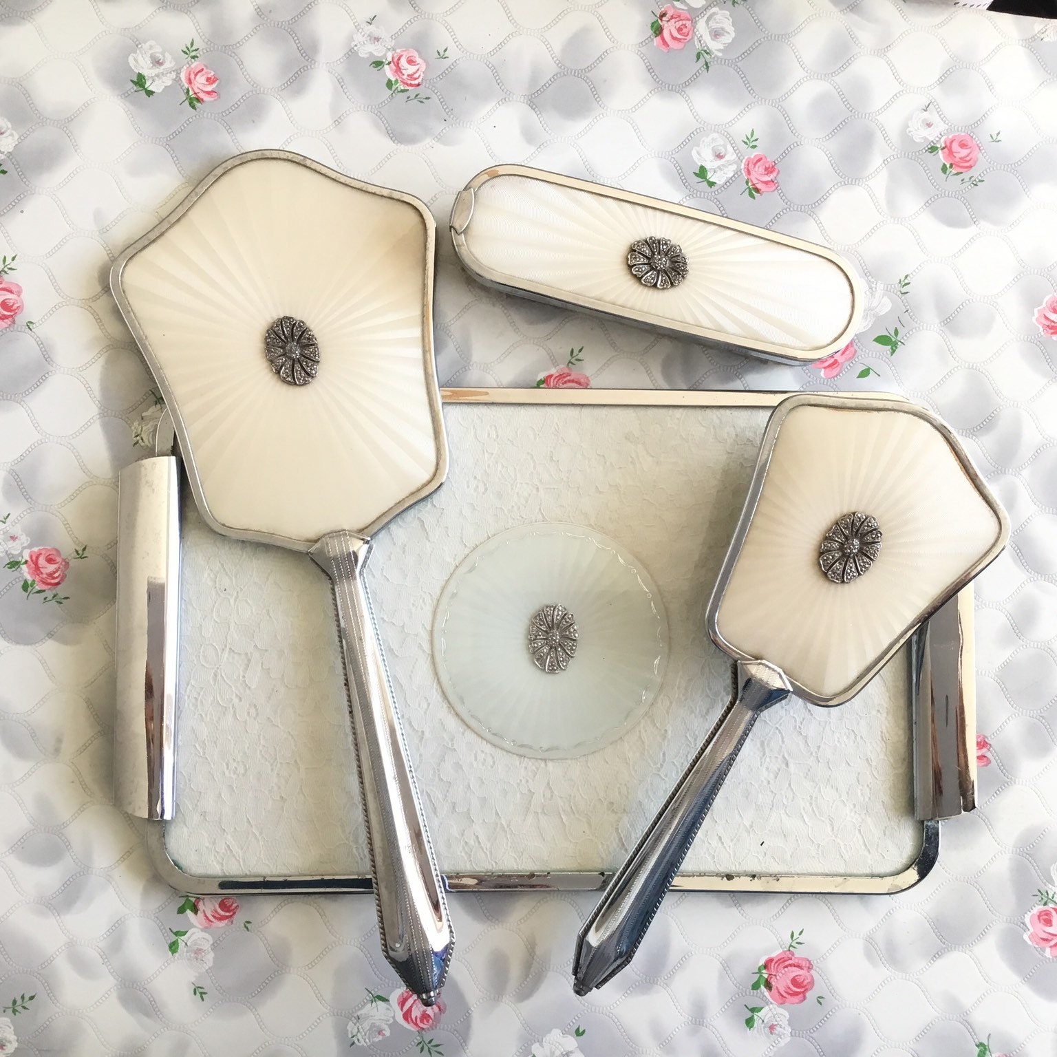 Dresser Set With Marcasites C 1950s With Faux Guilloche Hand