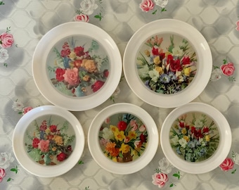 Plastic coasters with flower design, vintage retro floral barware