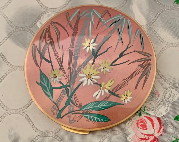 Stratton loose powder compact with bamboo and flowers, vintage mid century makeup mirror c1950s