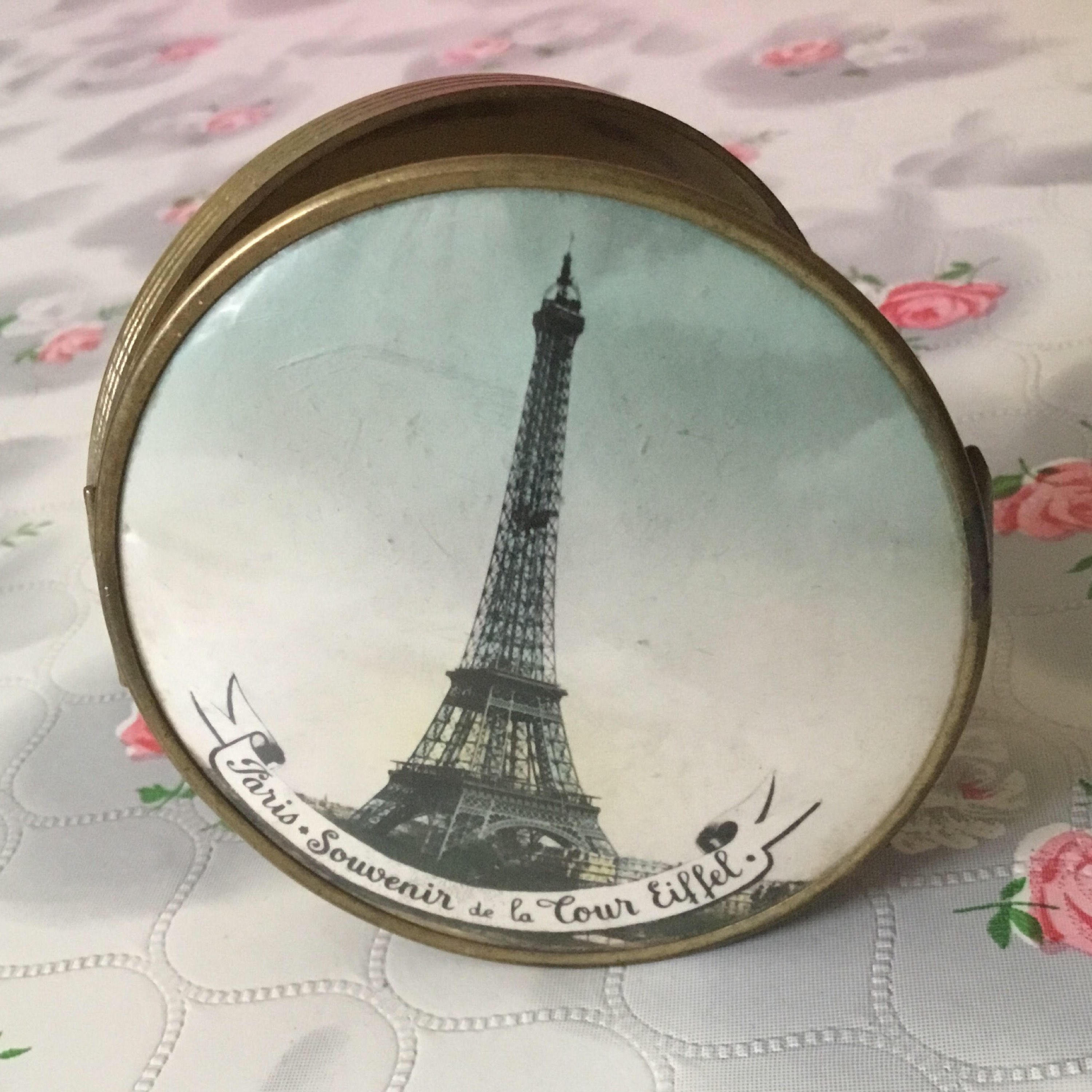 Vintage powder compact, a French souvenir compact of the Eiffel Tower ...