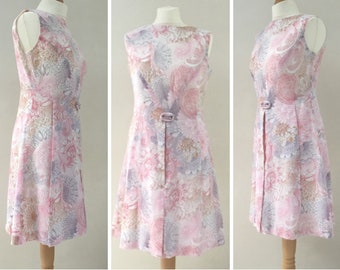 Berkertex Pink and white floral mod dress, UK size 10 to 12, vintage Dacron and cotton summer A-line dress