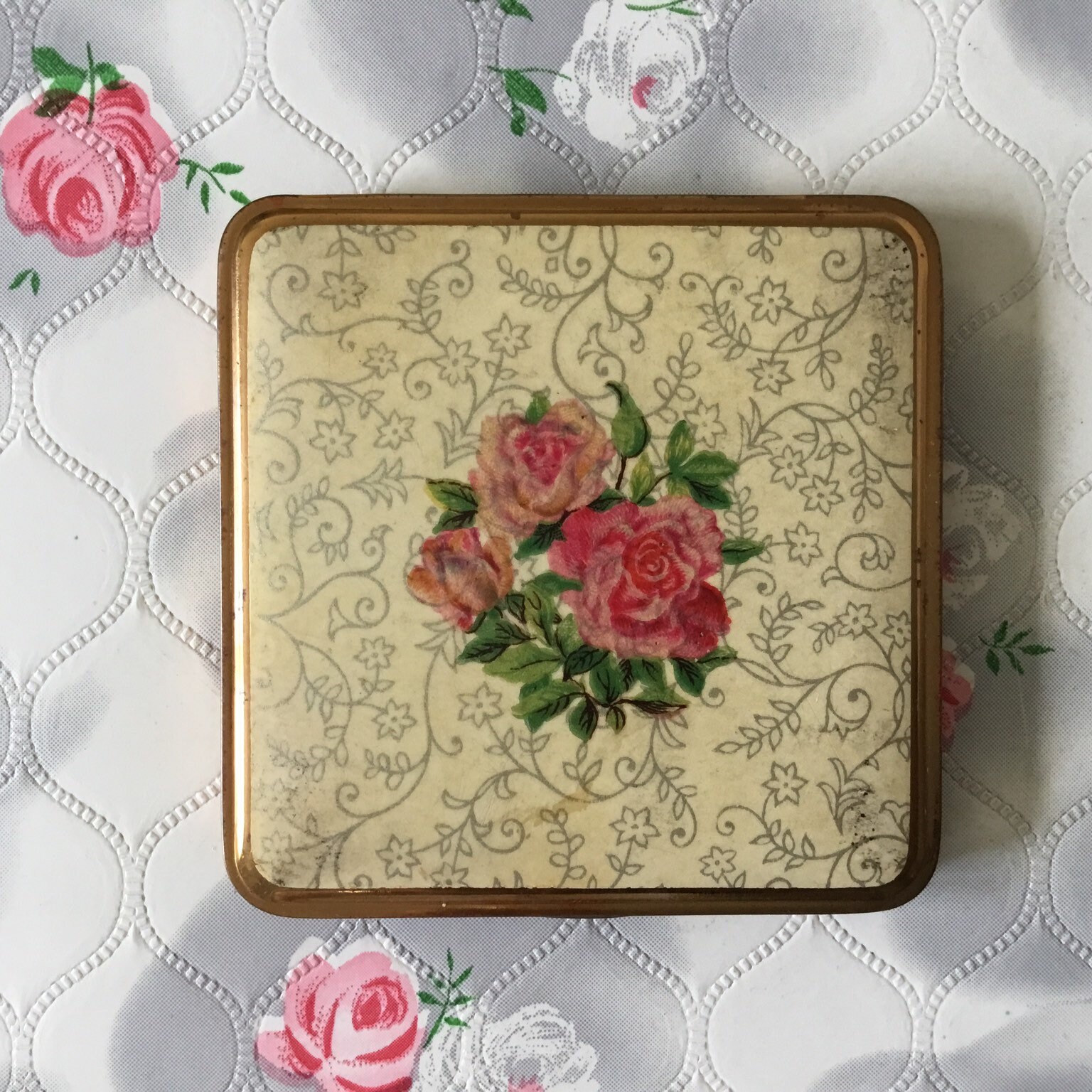 Vintage Ladies Cigarette Case By Schall C1960s Or 1970s Gold Tone Brass With Pink Roses