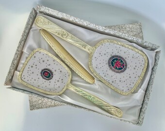 Vintage vanity set, mid century gold plastic hand mirror and hairbrush with embroidered red rose