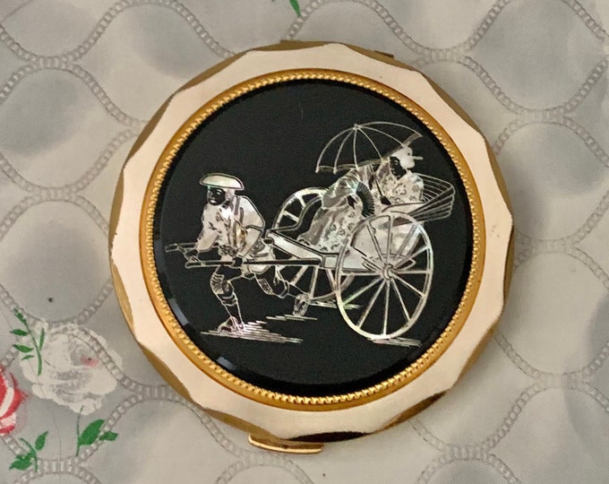Kigu loose powder compact, with mother of pearl image, vintage rickshaw makeup mirror