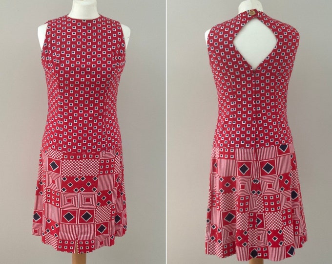 Capriccio by Roter of London red, white and black 1960s or 1970s vintage dress with drop waist