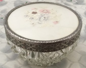 Regent of London glass powder bowl, with blue and pink embroidered flowers, vintage lidded trinket pot