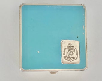 Electra Ray pressed powder compact, c1920s or 1930s, Art Deco vintage silver and blue makeup mirror