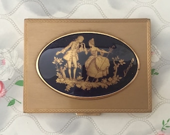 Limoges loose powder compact with ceramic black and gold tile, vintage crinoline lady