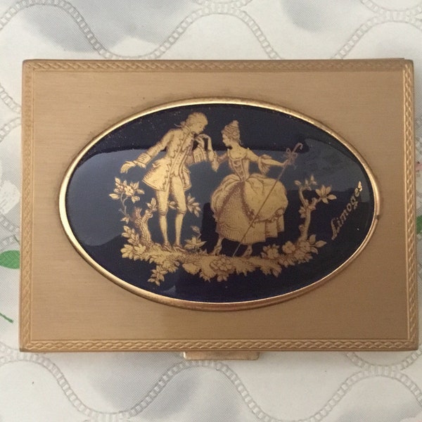 Limoges loose powder compact with ceramic black and gold tile, vintage crinoline lady