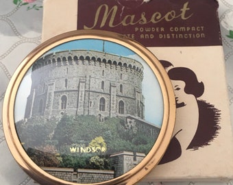 Mascot ASB Windsor Castle souvenir powder compact, c 1950s vintage makeup mirror