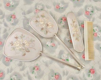 Embroidered dresser set with hairbrush, hand mirror, clothes brush and comb, vintage mid century vanity set with yellow flowers