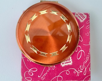 Kigu powder compact with orange copper lid, mid century vintage makeup mirror