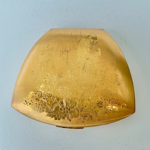 Elgin American vintage powder compact with cornucopia, c1950s horn of plenty Labor Day makeup mirror, made in U.S.A.