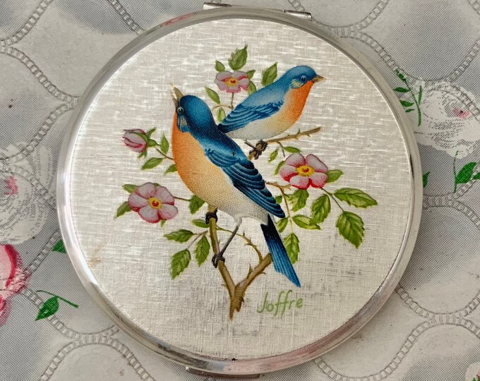 Stratton Convertible birds cream powder compact c1970, vintage silver makeup mirror with chaffinches