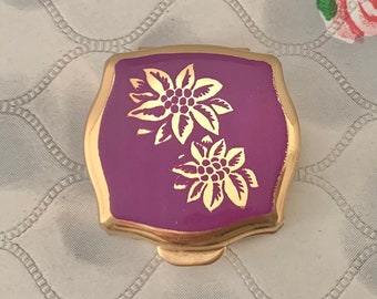 Stratton mini ashtray, purple with gold flowers, ladies vintage c 1960s or 1970s handbag travel ashtray