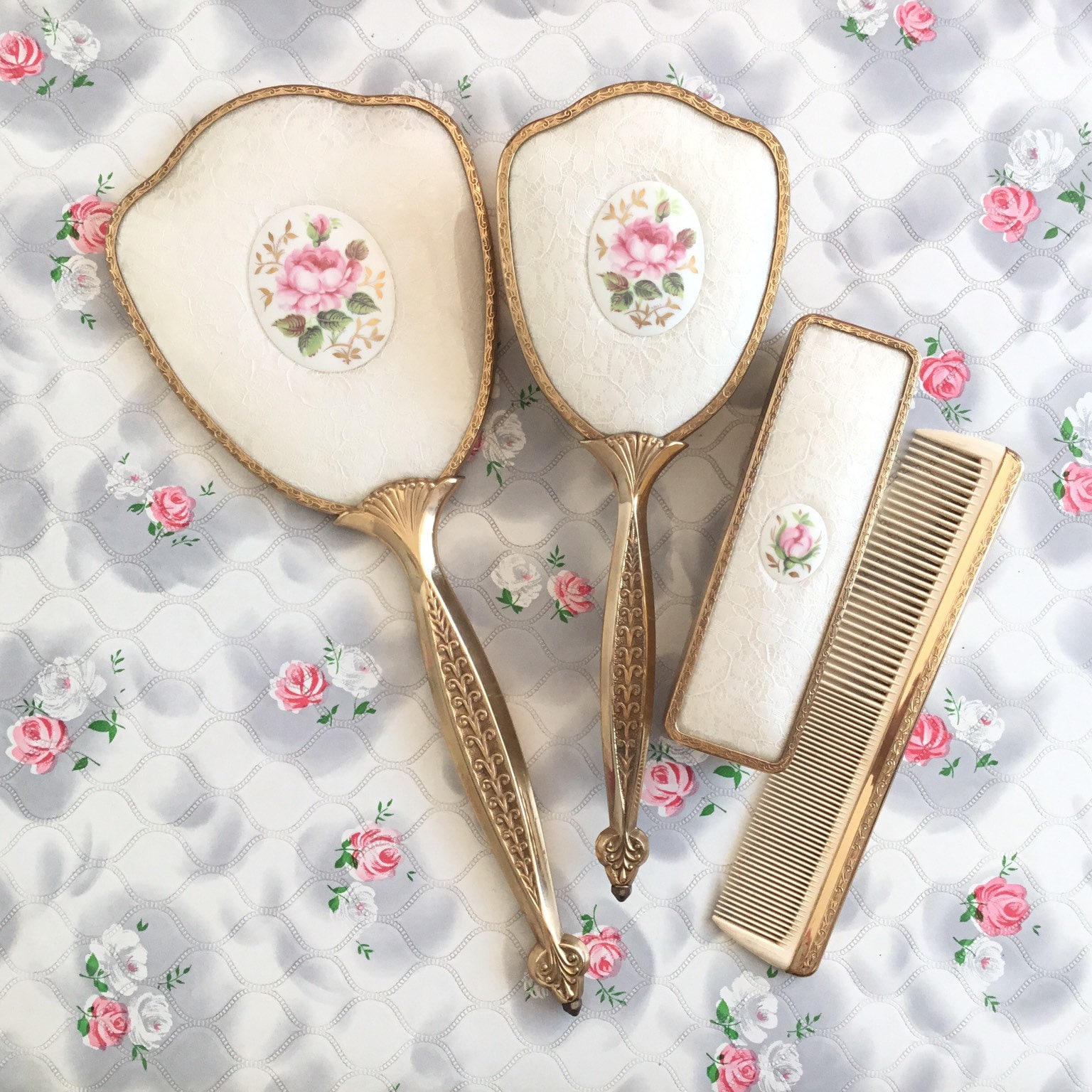 Lissco dresser set with vintage hand mirror, hairbrush, tray, comb, and