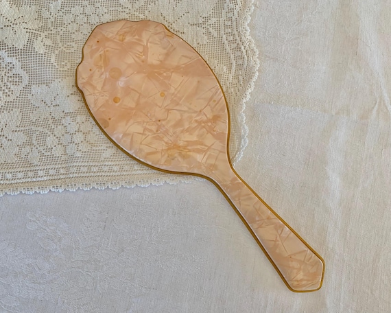 Vintage pink celluloid hand mirror, Art Deco large looking glass