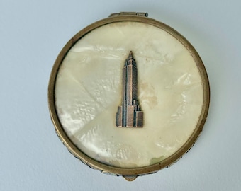 Art Deco Powder compact with Empire State Building, 1930s souvenir, vintage celluloid makeup mirror