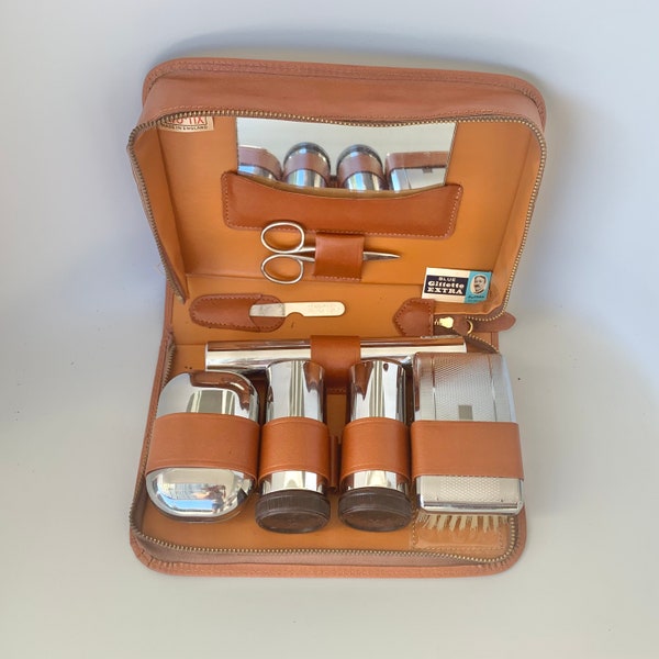 Two Tix Gentlemans brown leather overnight case, vintage chrome travel set with brush and mirror