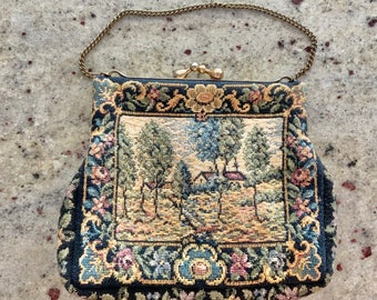 Tapestry evening purse with country scene, vintage purse with gold wrist chain