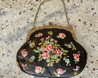 Edwardian black tapestry purse with needlepoint pink roses and blue flowers, Antique French bag c1900s