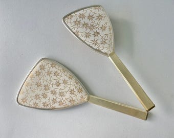 Vintage Ladies hand mirror and hairbrush : gold tone brush set