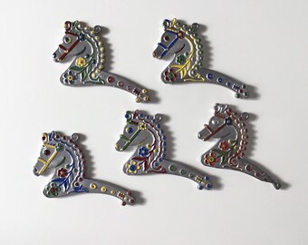 Set of five German flat metal Christmas decoration, vintage painted pressed pewter hobby horse tree ornament from Germany