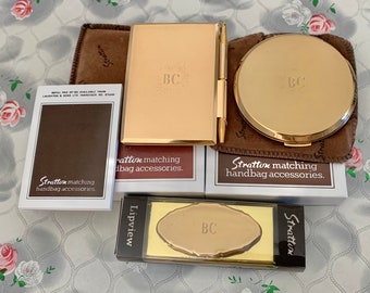 Stratton convertible powder compact, Lipview lip mirror and notebook and pen, with B C initials, vintage 1990s unused gift for her
