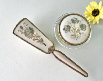 Vintage Regent of London vanity set, floral embroidered Hairbrush & Powder Bowl