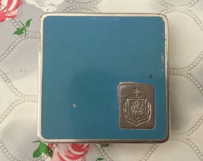 Electra Ray pressed powder compact, c1920s or 1930s, Art Deco vintage silver and blue makeup mirror