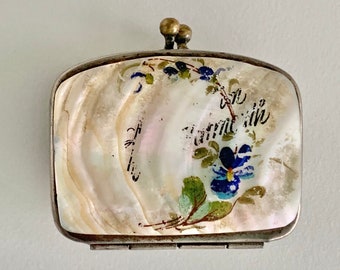 Edwardian mother of pearl coin purse, c 1900 antique sovereign purse with hand painted blue flowers on shell, Great Yarmouth souvenir