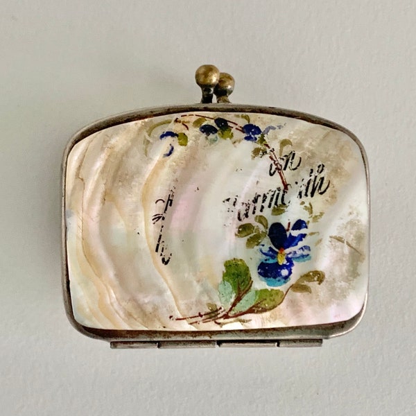 Edwardian mother of pearl coin purse, c 1900 antique sovereign purse with hand painted blue flowers on shell, Great Yarmouth souvenir