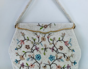 Beaded evening bag with pink and blue flowers, vintage cream party purse