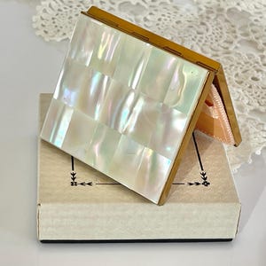 Mother of pearl vintage compact, mid century makeup mirror, shell tiles