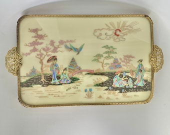 Regent of London dressing table tray, mid century vintage vanity with traditional Japanese scene