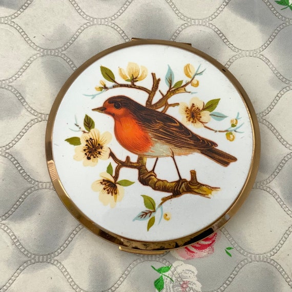 Stratton cream powder compact with Christmas robin red breast, 1950s or 1960s vintage makeup mirror with bird