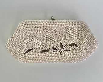 White beaded wedding clutch purse, bridal or evening purse with pearl beads, faux c1960s