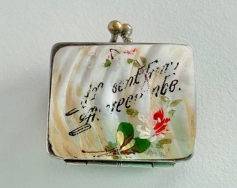 Antique mother of pearl coin purse, vintage painted shell holiday souvenir from Morecambe England